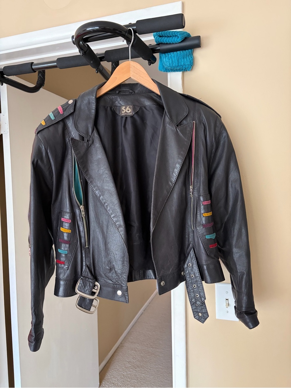Vintage 80s Black Leather Moto Jacket Colorful Zipper Suede Detail M